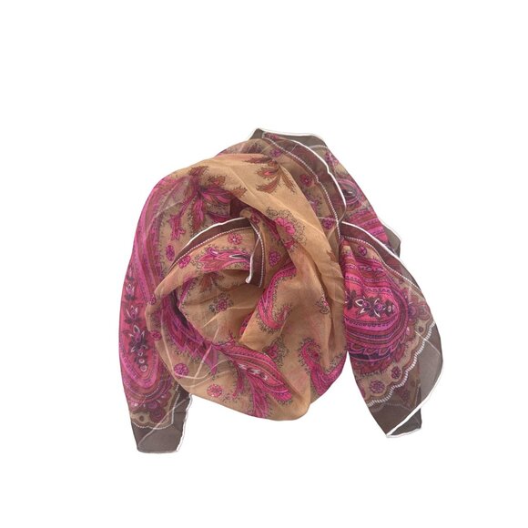 Chiffon Vintage Floral Paisley Scarf 22 Inches Square Pink & Brown Boho Japan - Picture 1 of 5
